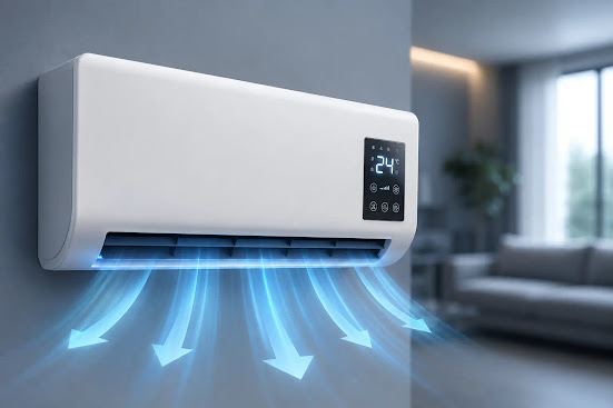 LG Breeze Wandgerät mit Digitaldisplay und sichtbarem kühlem Luftstrom