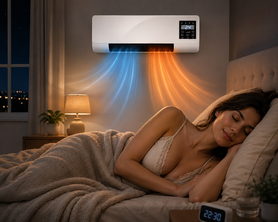 Frau schläft ruhig im Schlafzimmer, LG Breeze Klimagerät läuft im Nachtmodus